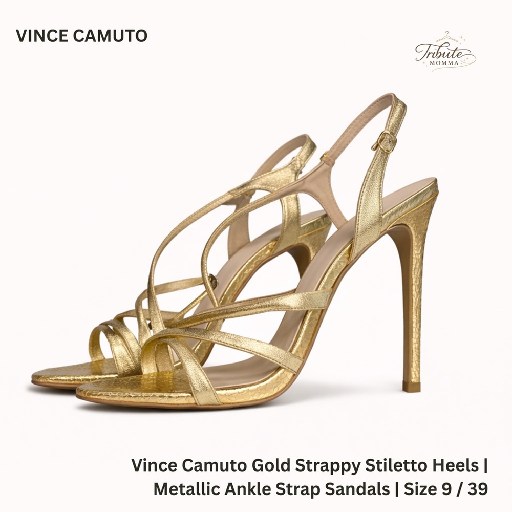 Vince Camuto Gold Stiletto Heels | Metallic Ankle Strap Sandals | Size 9